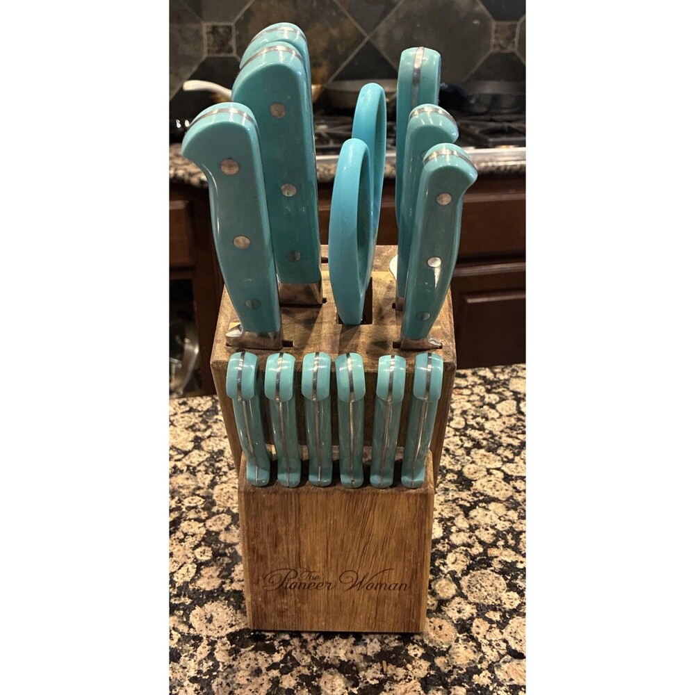 The Pioneer Woman Frontier Collection 13-Piece Cutlery Set with Wood Block Teal